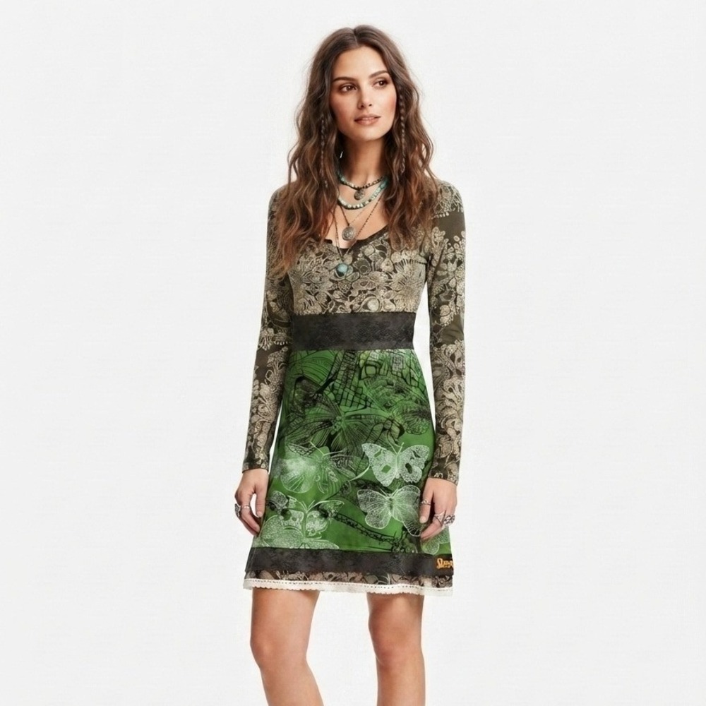 Desigual Butterfly Mandala Long Sleeve Mini Dress Lace Trim Green Olive Medium